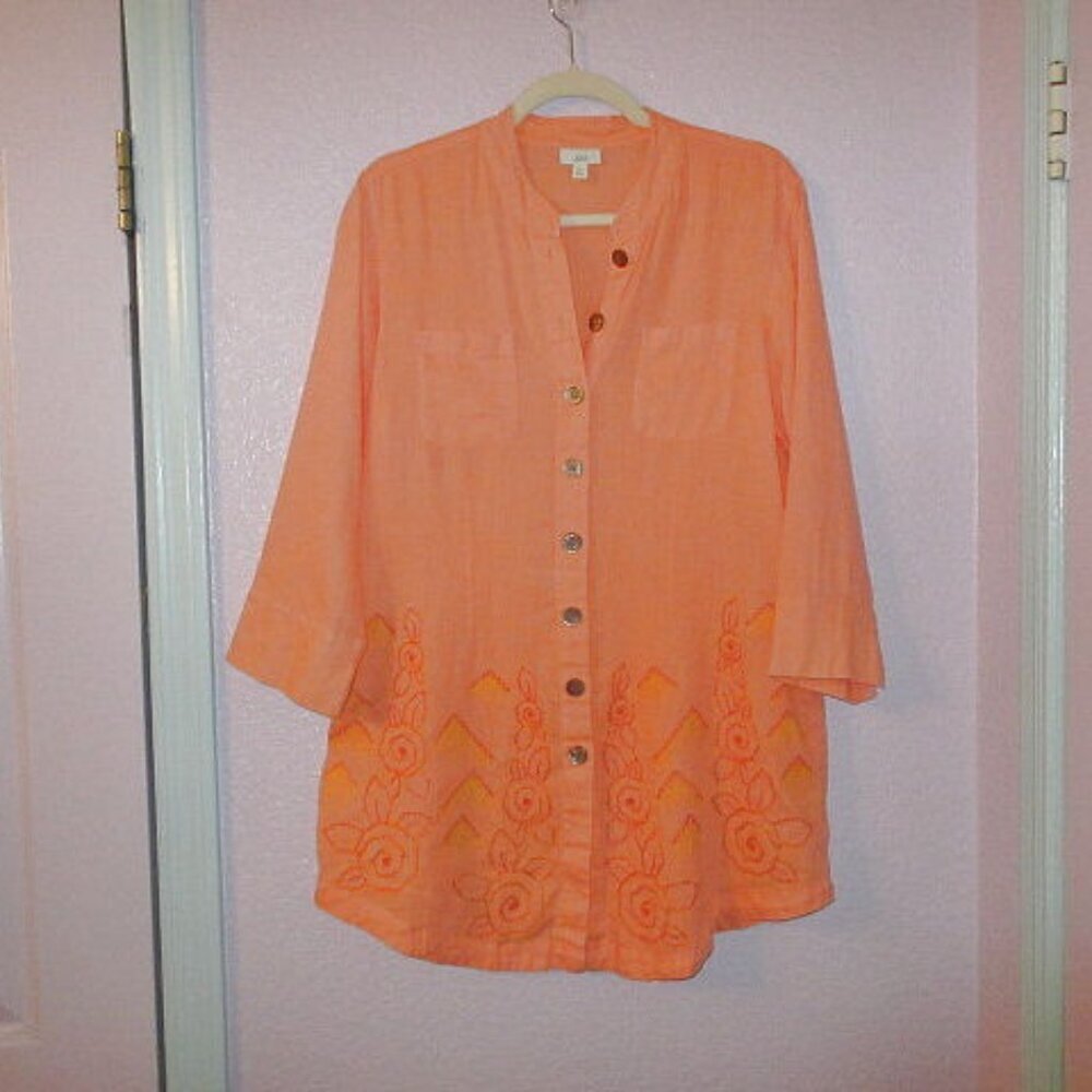 J. Jill Embroidered Linen Tunic Top Size S Button Up Oversized Coastal Resort